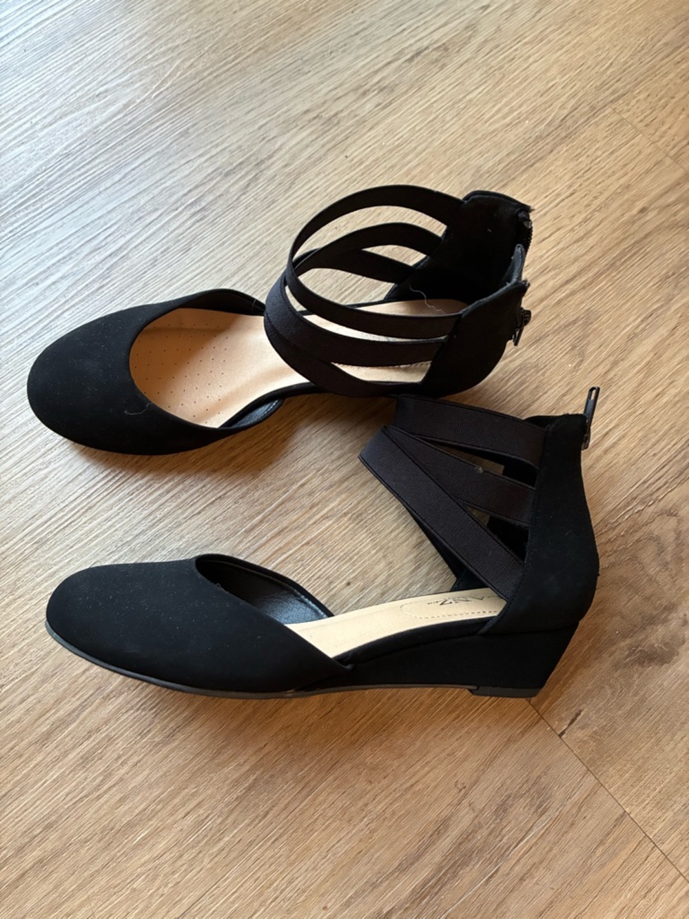 Classic Black Wedge Flats with Strappy Ankle - Womens